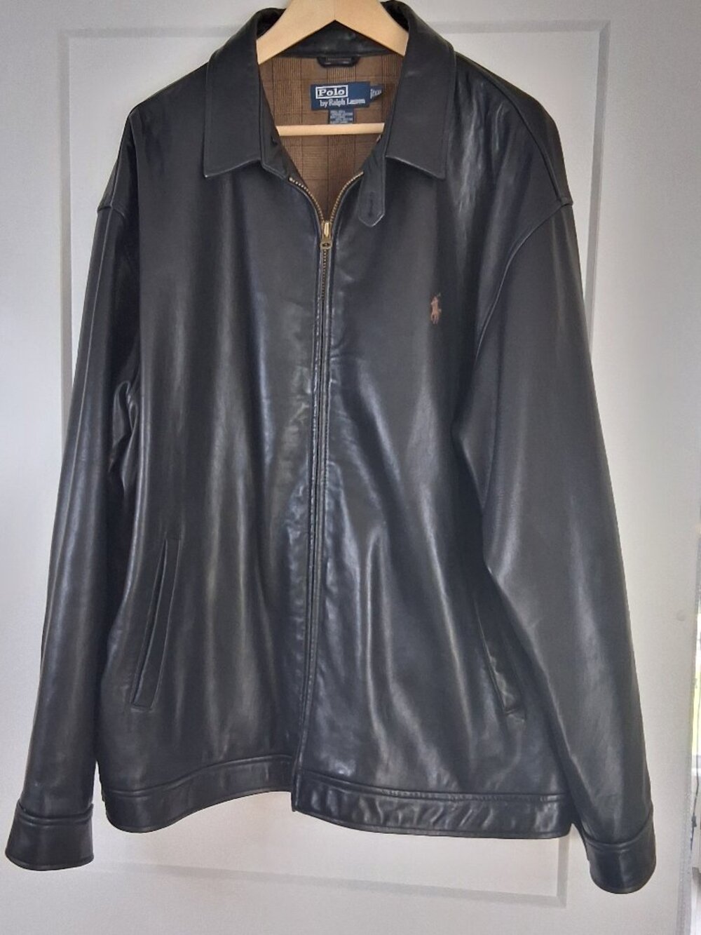 Vtg 90s Polo Ralph Lauren Black Leather Jacket XXL Plaid Lined Harrington Bomber
